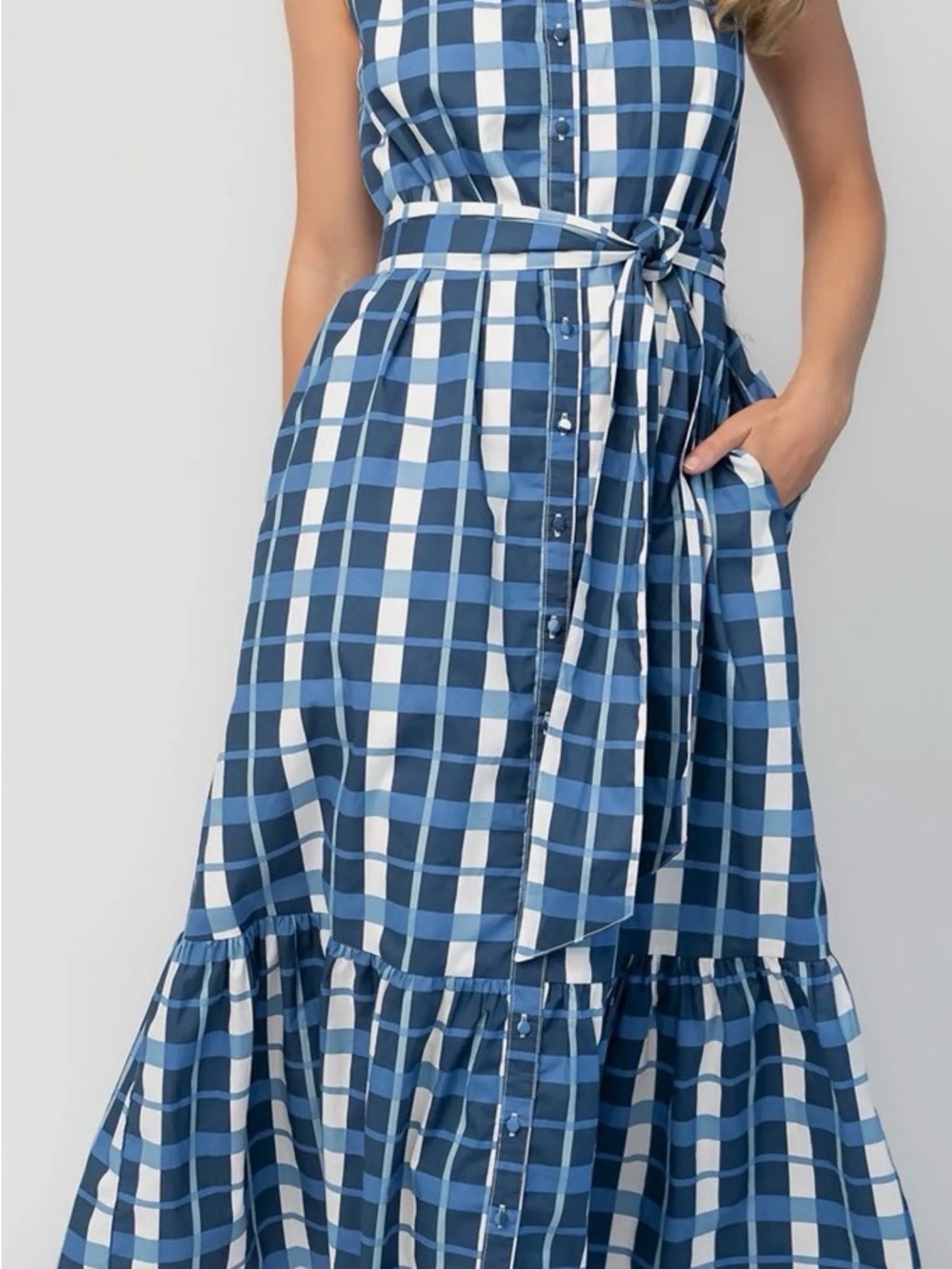 Sleeveless Blue Plaid Button-Front Dress with pockets and Tie Waist